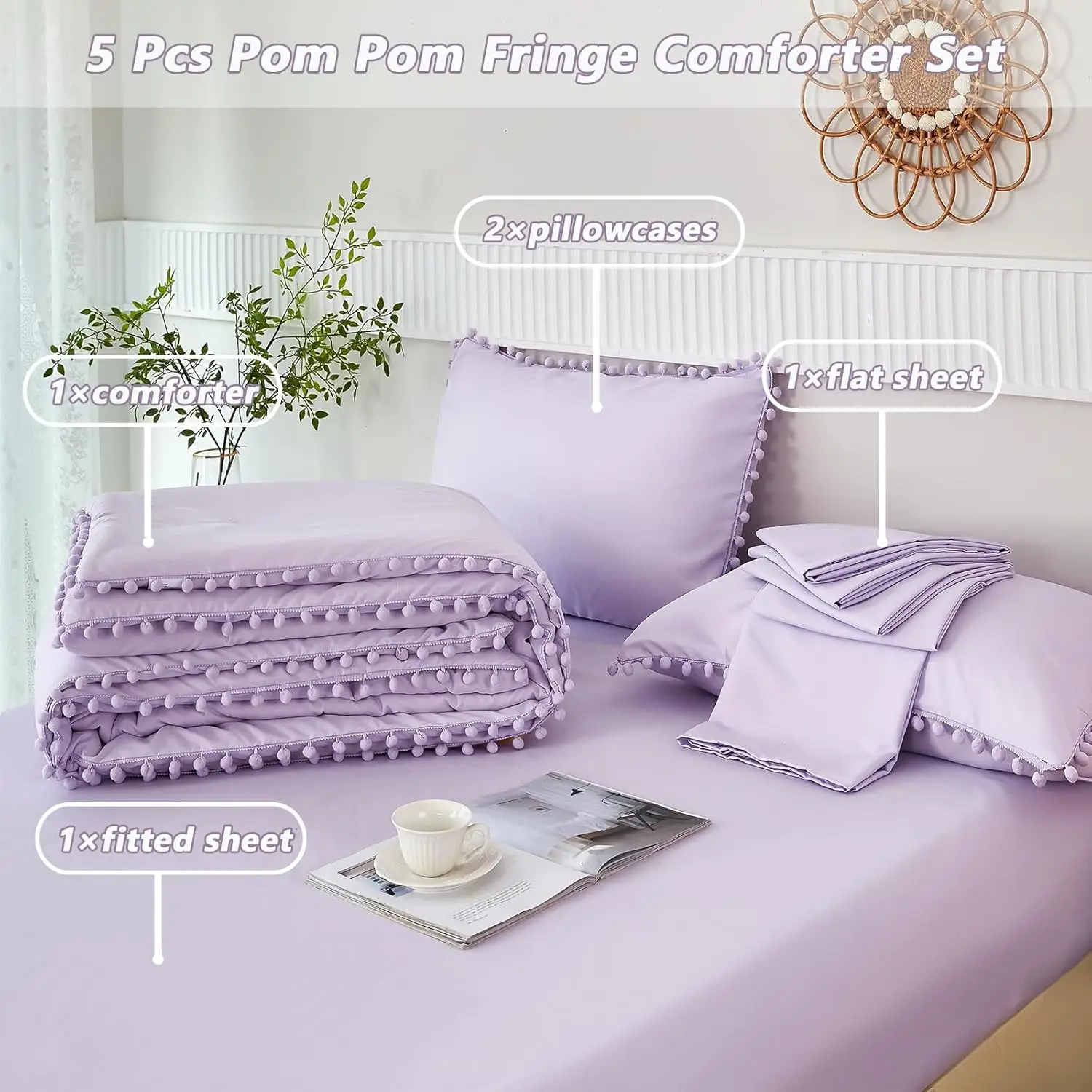 Conjunto de Edredom Boho Roxo Lavanda de 5 Peças com Pompons, Tamanho Twin, Roupa de Cama de Microfibra para Meninas