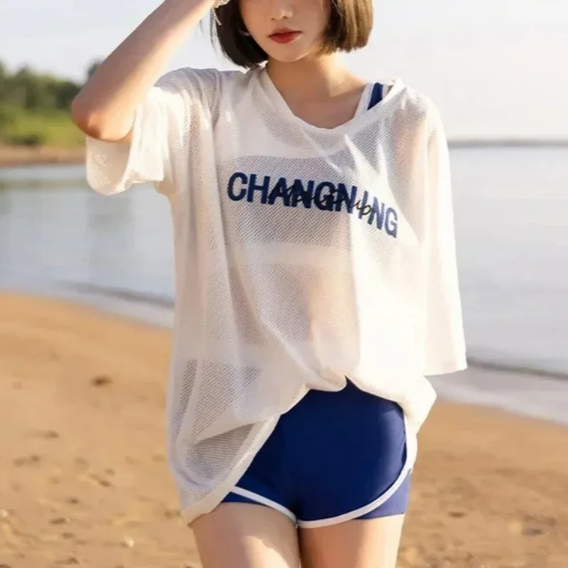 

New Summer Women's Sports Swimsuit Three-Piece Set Ladies Conservative Belly Covering Slimming Outerwear