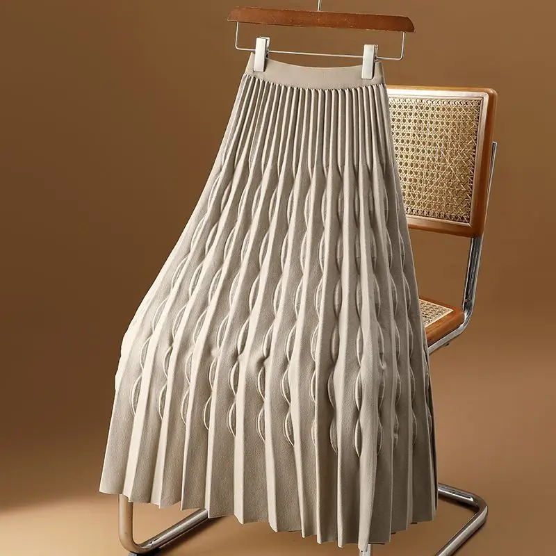 Temperament Autumn/Winter New Women\'s Solid Wave Cut Pleated Fashion Elegant Elastic High Waist Mid-length Loose A-line Skirt