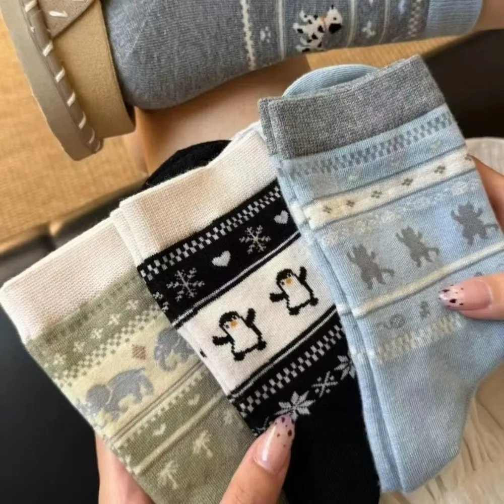 5 Pairs Comfortable Breathable Mid Tube Socks Sweat Absorbing Retro Knit Women Stockings Cartoon Animal Socks Autumn Winter
