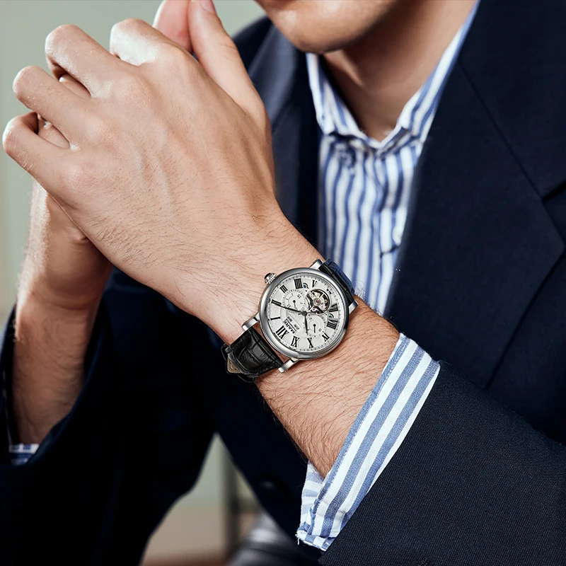 MARK FAIRWHALE 6017 Men's Fashion Automatic Watch Waterproof Multi-Functional Moon Display Year Mechanical Timepiece