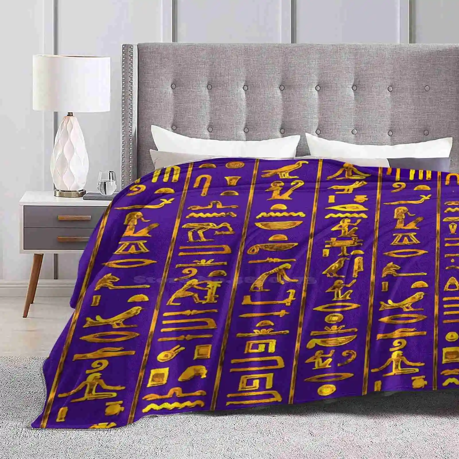 Ancient Egyptian Hieroglyphs ( Gold On Purple ) Soft Warm Throw Blanket Ancient Egypt Pharaoh Anubis Goddess Symbol Gold