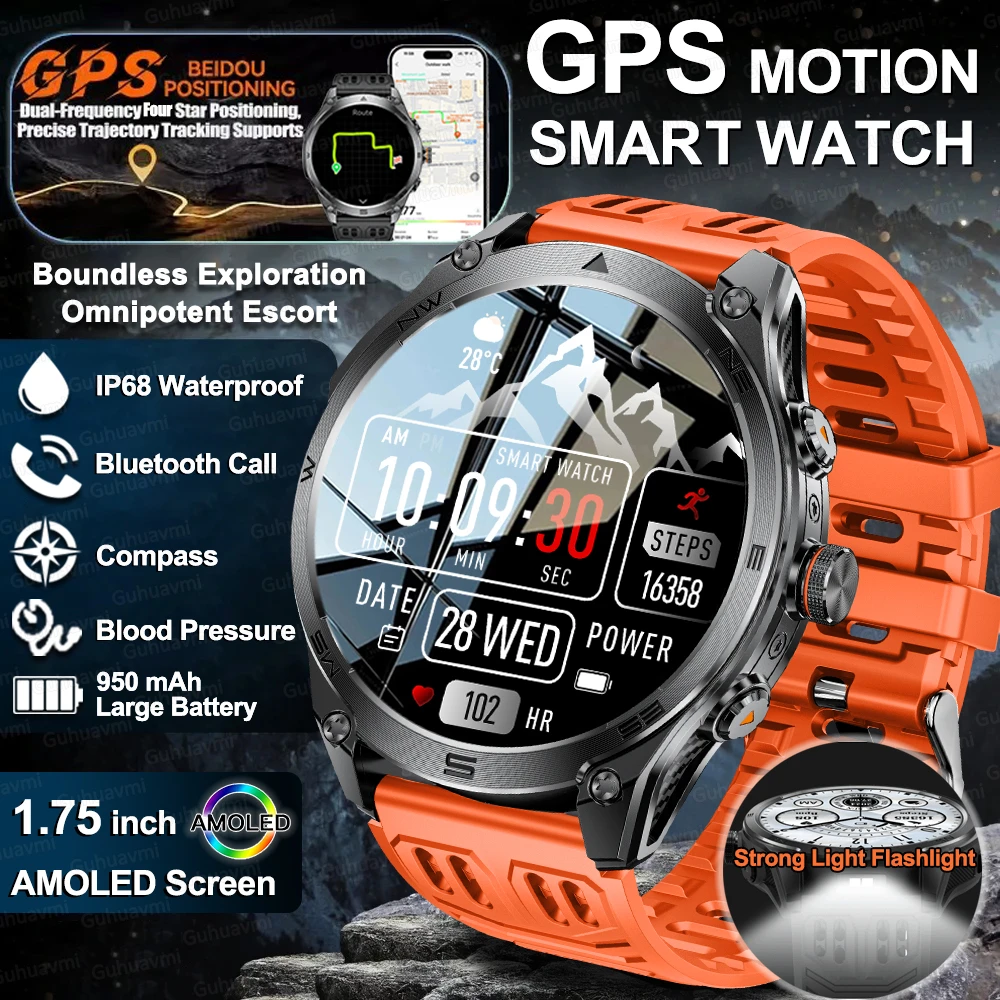 2025Новые спортивные умные часы с GPS, фонарик AMOLED, аккумулятор 950 мАч, IP68, водонепроницаемые, фитнес-трекер, BT Call, умные часы для мужчин и женщин