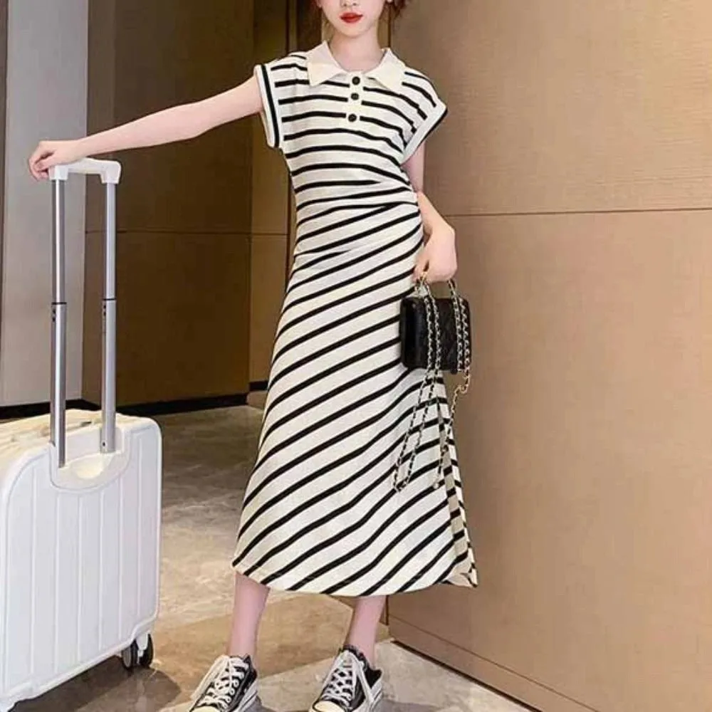 

Sweet Princess Children Stripe Long Dress Short Sleeve Skirt Summer Dresses Teenagers Party Girls Stripe Dress Beach Vacation