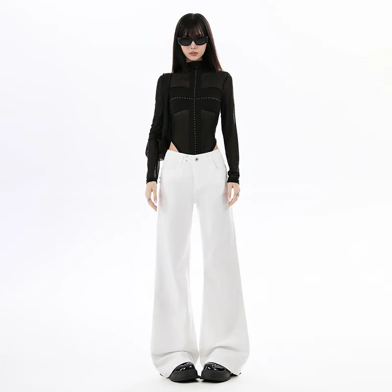 

White Vintage Non-Leg-Hugging Flared Jeans For Women Winter Stretch Loose Draped Low-Waist Bootcut Pants