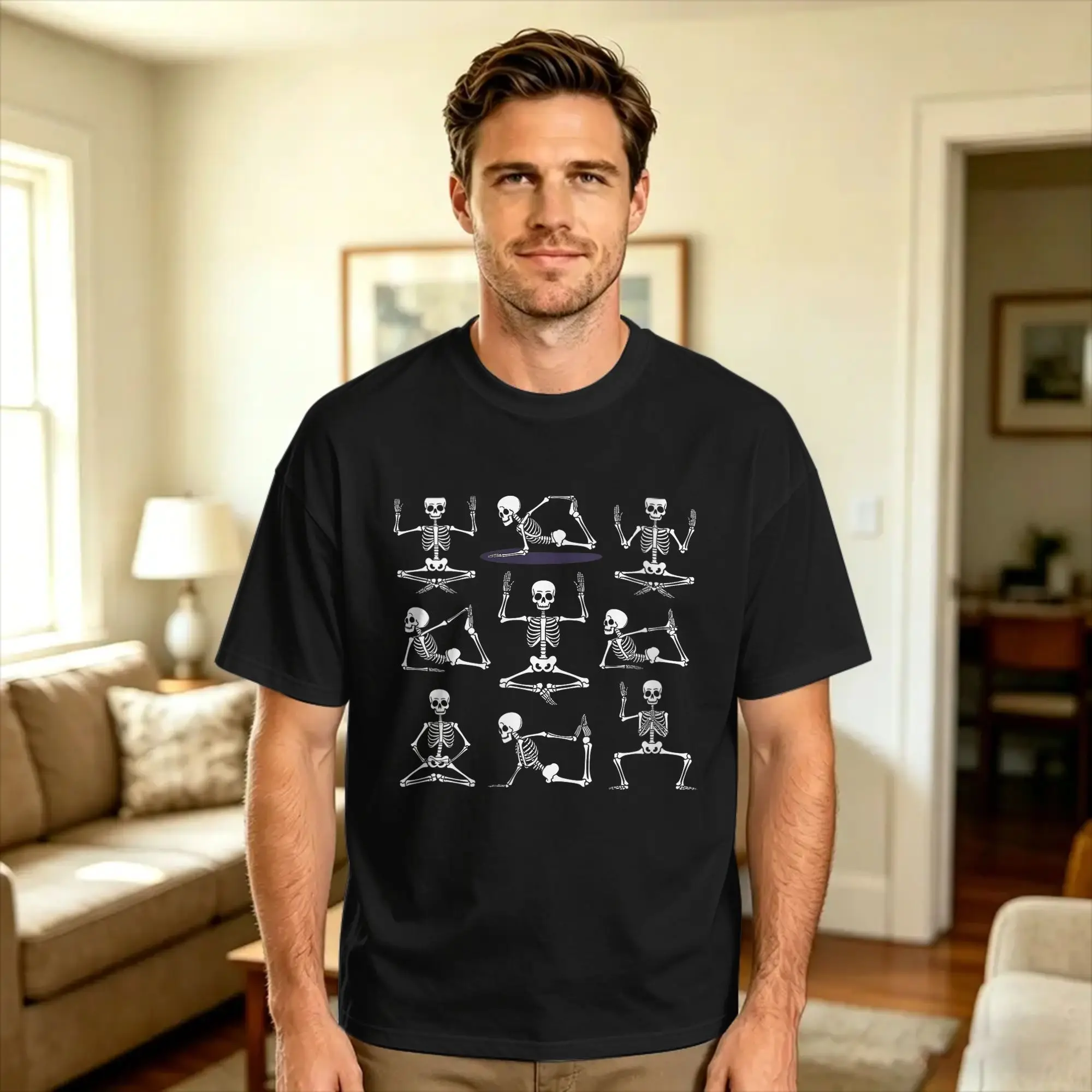 Yoga Skeleton Halloween Funny Halloween Skeleton Yoga Pose Cotton T Shirt For Men Summer  Streetwear T Shirts Hip Hop Tee Shirt