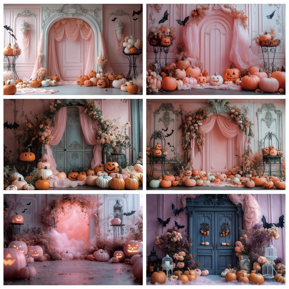 Pink Halloween Pumpkin Lantern Bat Photography Background Girls Birthday Party Cake Smash Portrait Decor Backdrop Photo Studio