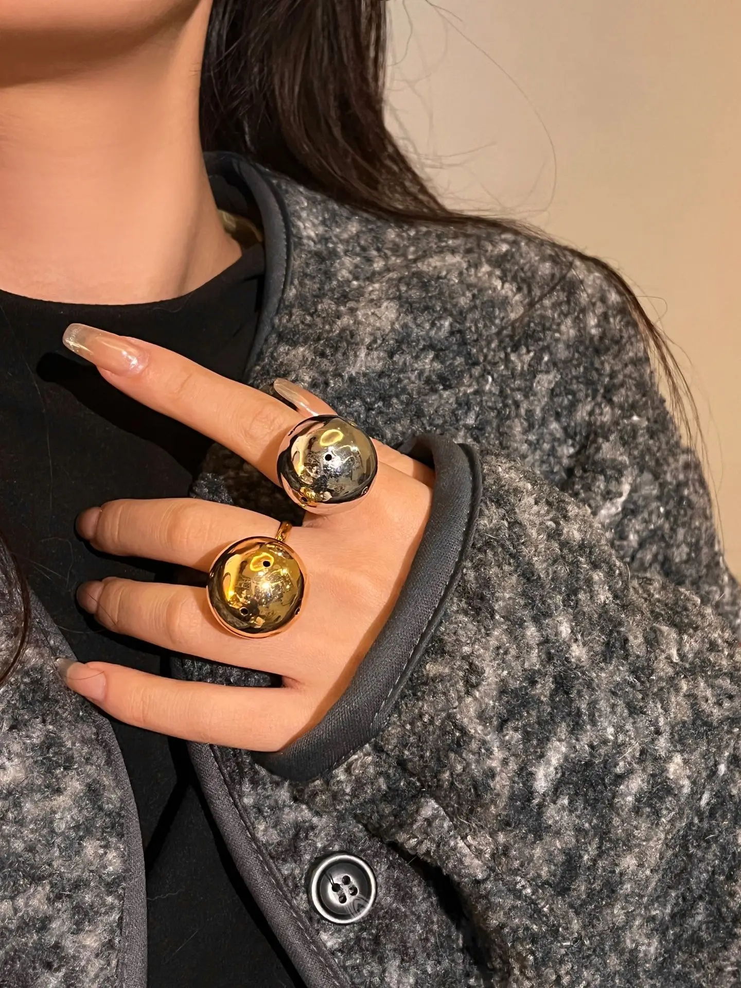 خمر كرة مستديرة معدنية كبيرة مفتوحة قابل للتعديل خواتم للنساء أوروبا وأمريكا شخصية مبالغ فيها مجوهرات الاتجاه الطرف