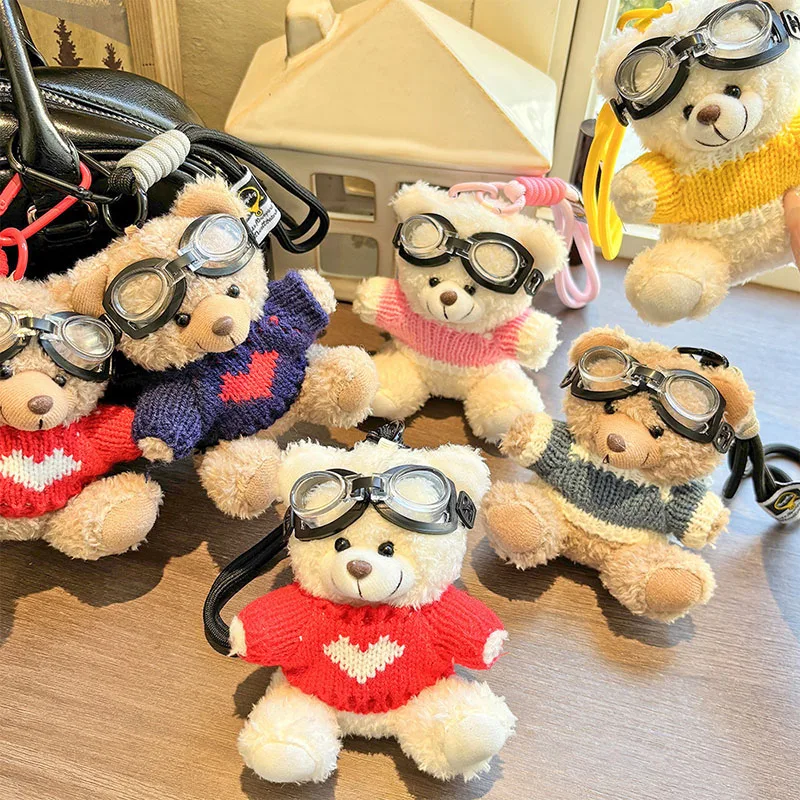 Kawaii Goggles Pilot Bear Keychain Pearl Hanging Rope Plush Bear Key Ring Doll Clothing Heart Stuffed Animal Pendant Daily