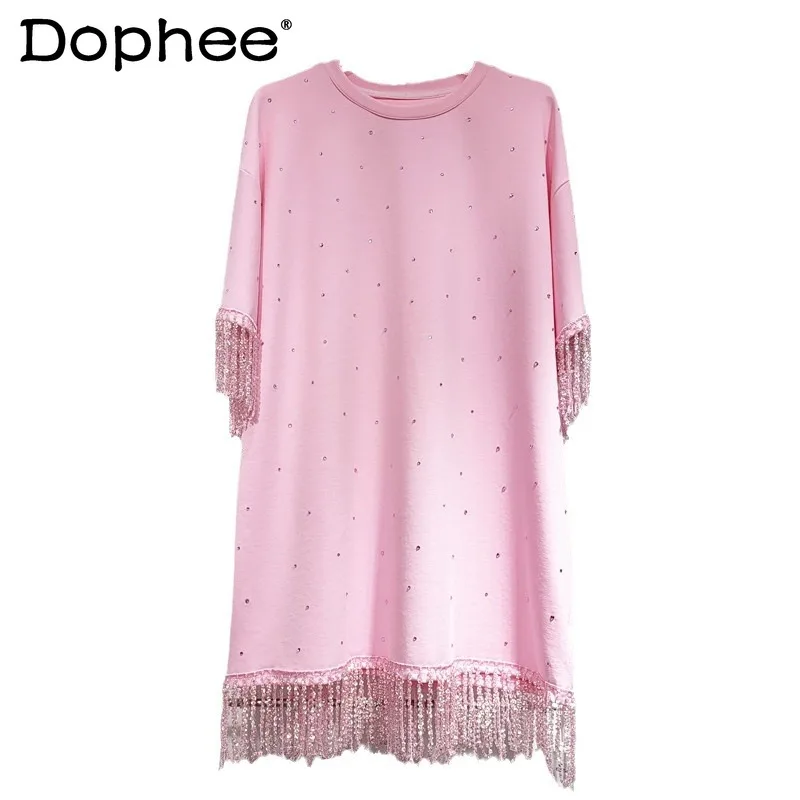 

Sweet Temperament Beaded Tassel Loose Waist Dress Women 2024 Summer New Pink All-Matching Round Neck Short Sleeve T-shirt Dress