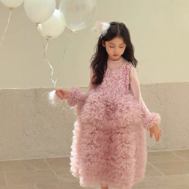 

2025Autumn New Girls' Mesh Vest Princess Dress Children's Puffy Cake Dress Birthday Dress