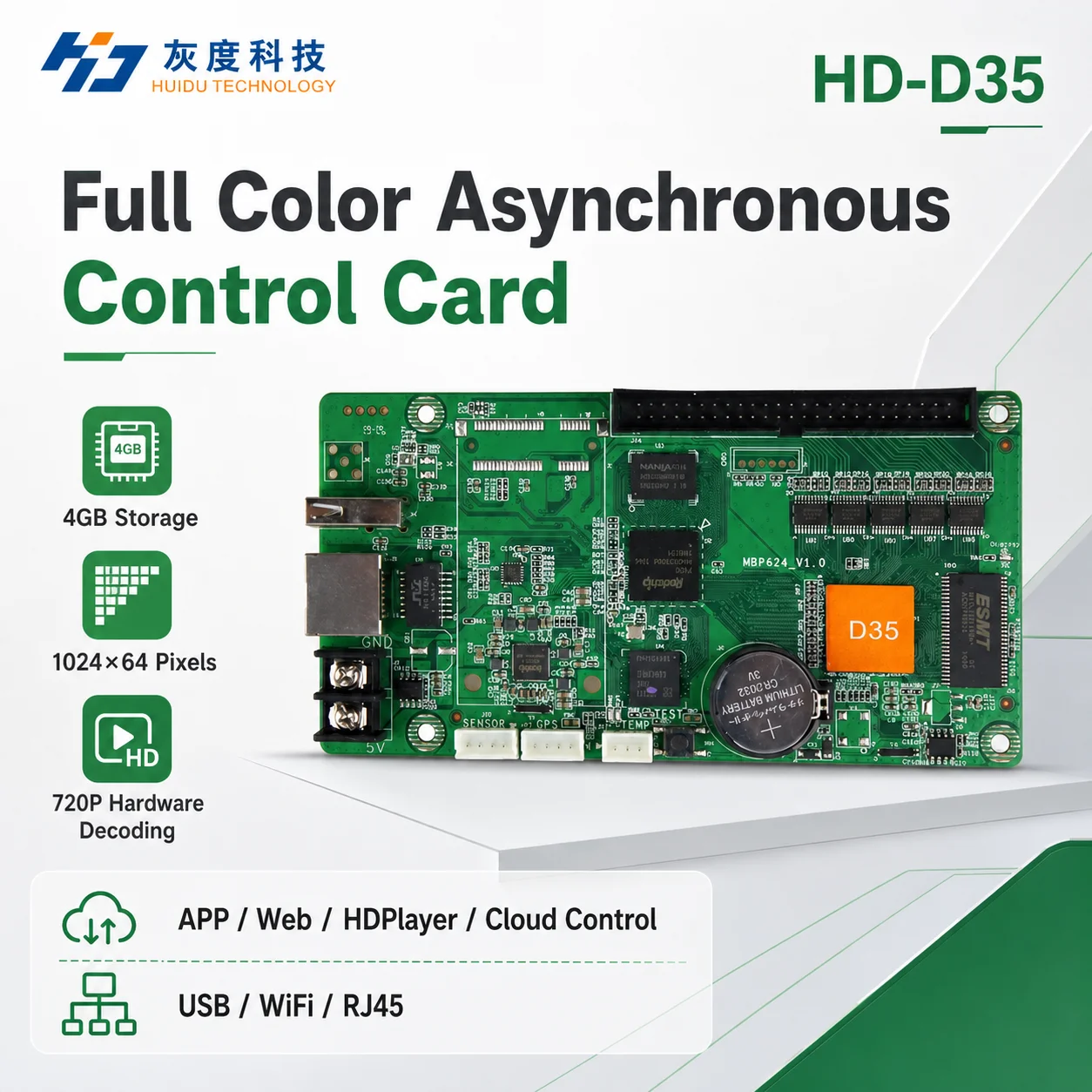Huidu HD-D35 Full Color Asynchronous LED Control Card 4GB Storage 1024x64 for Door Lintel Screen