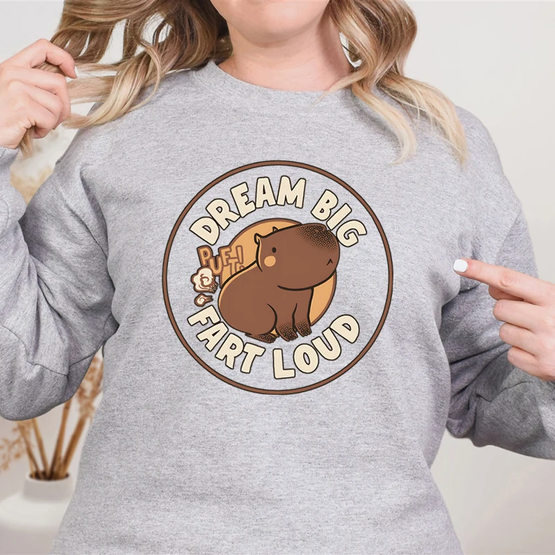 Funny Capybara Sweatshirts Dream Big Fart Loud Print Y2K Sudaderas Crew Neck Long Sleeve Creative Capybara Casual Women Pullover