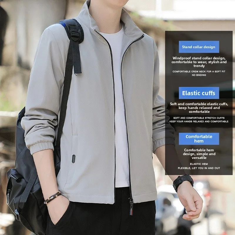 

Yu Zhaolin Men's Casual Jaet Loose Fit Spring Autumn Trendy Brand Youthful Polyester Fiber Long Sve Stand Collar Coat