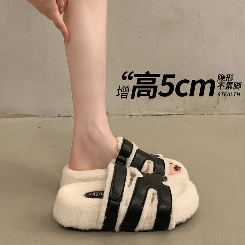 Thick soled hairy slippers for women, retro color blocked lamb wool, autumn and winter warm cotton slippers