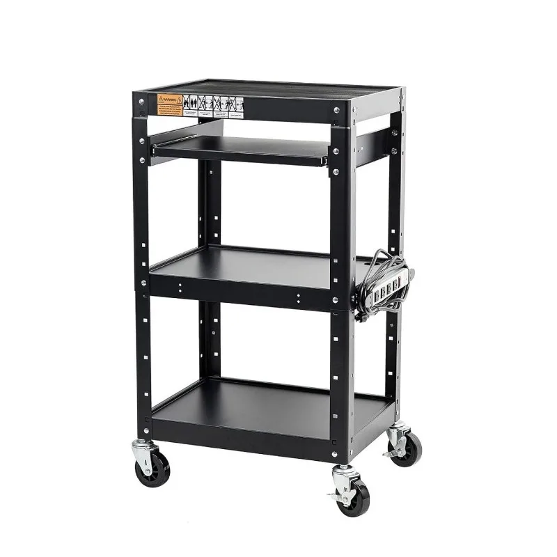 AV Presentation Cart Stand for Video Projector,  Adjustable Shelves, 4 Wheels, 4 Outlets, 12ft Cord, Black