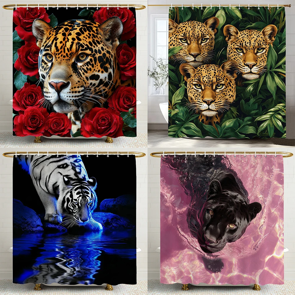 

Leopards, Tigers, Wolves,Flower Animals Shower Curtain, Bathroom Shower Curtain, Waterproof Shower Curtain with Hooks