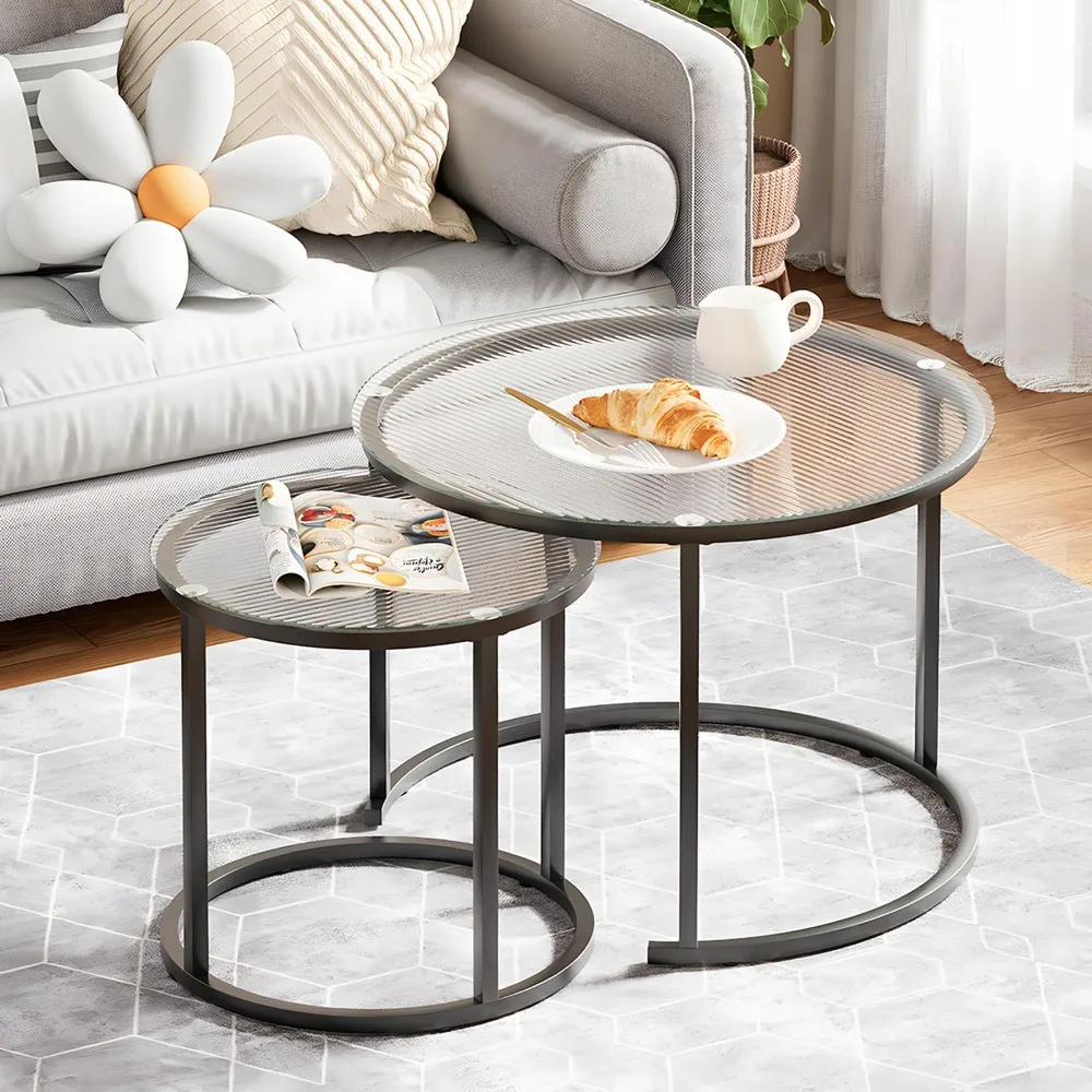 

Coffee Table Set of 2, Small Glass Round Nesting Tables for Living Room Bedroom, Accent Tea Table with Metal Frame Industrial