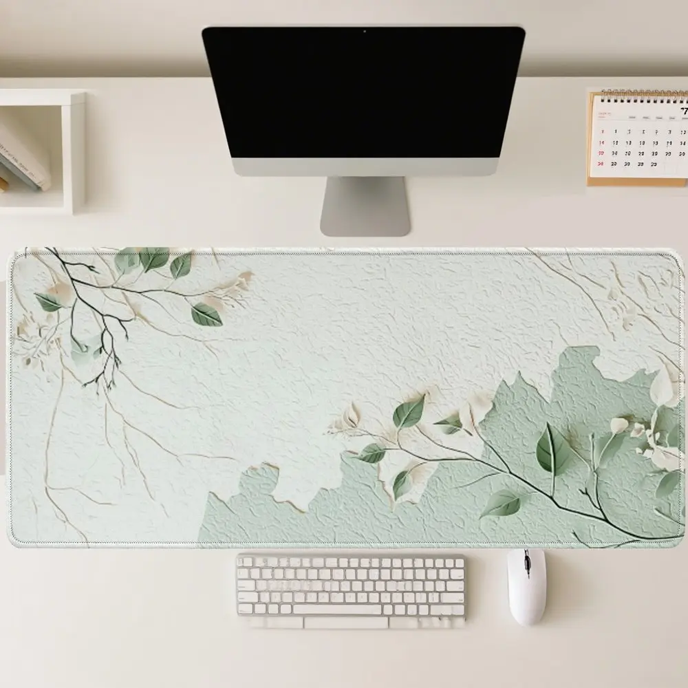 

Large Gaming Mouse Pad Plant Floral Pattern Soft White Background Desk Mat