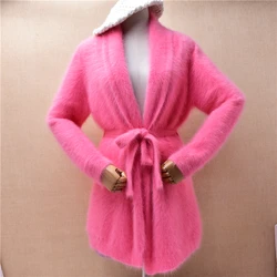 Women Mujer Autumn Winter Clothing Pink Hairy Mink Cashmere Knitted Long Sleeves Loose Cardigans Belt Angora Fur Sweater Jacket