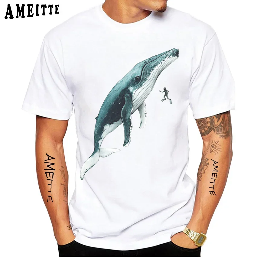 

Humpback Whale Diver Art T Shirt Whale Shark Ocean Gift T-Shirt Summer Sea Animal Design White Hip Hop Boy Casual Tees Men Tops