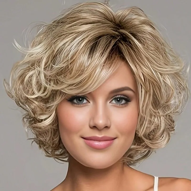 Fashionable golden short wavy bob women's synthetic fiber wig, suitable for daily wear and parties, wig accessories