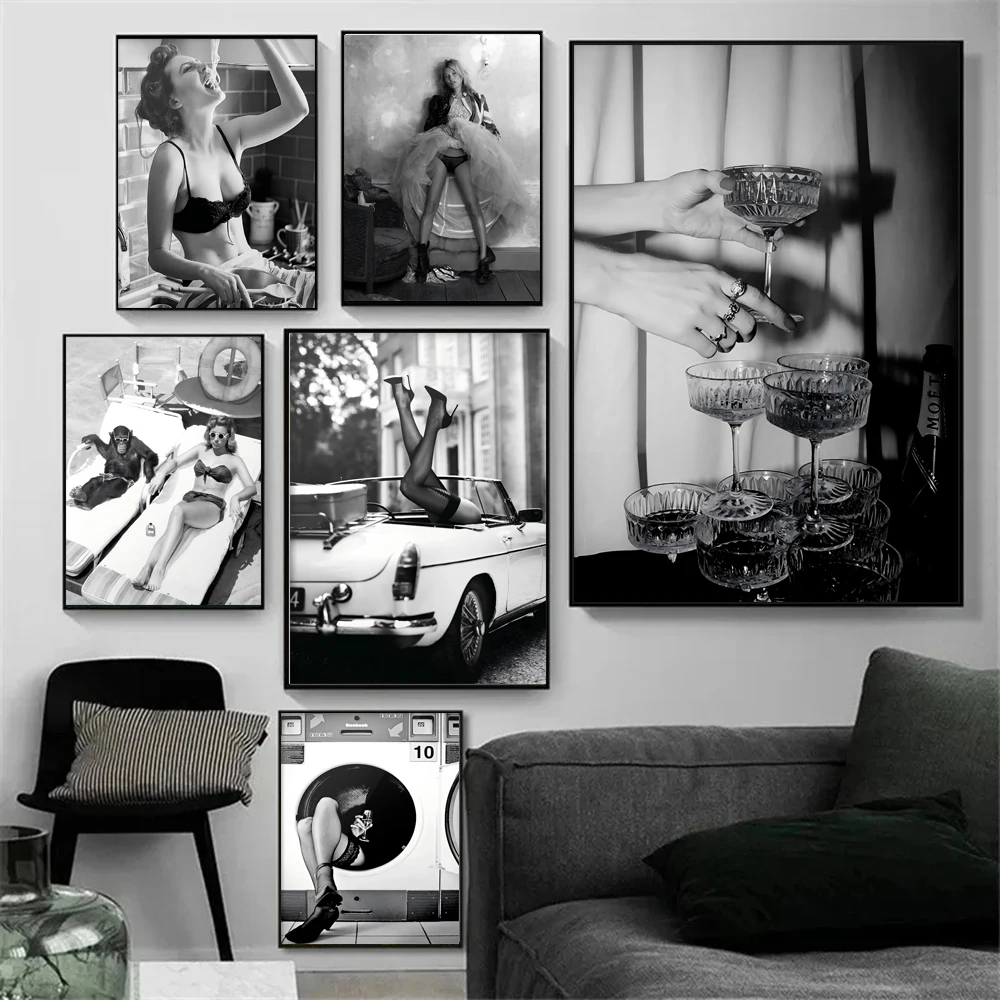 Vintage Black and White Women Fashion Modern Photography Drinking Glasses Poster Canvas Painting Wall Art Pictures Home Decor