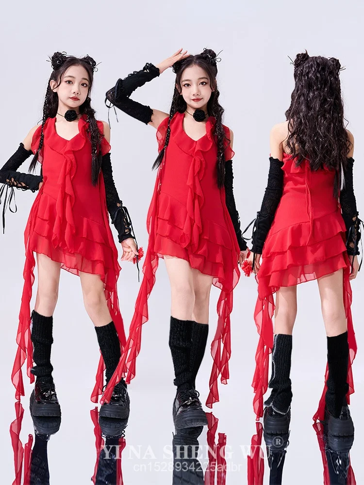 New Red Ribbon Dress Jazz Dance Clothes Street Dance Hip Hop For Girls Dress Suit Performance Music Festival Catwalk Outfits