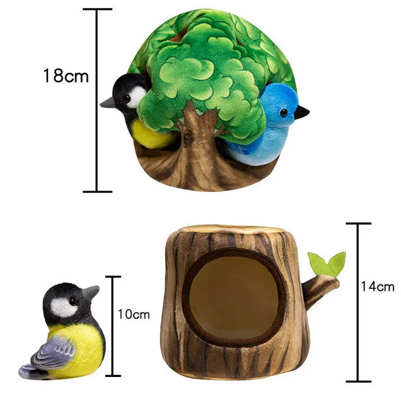 ألعاب قطيفة طيور مضحكة مع جذع شجرة ، طائر صغير جميل ، دمى ثقب شجرة مختبئة ، ديكور المنزل ، هدية عيد الميلاد ، 10-15