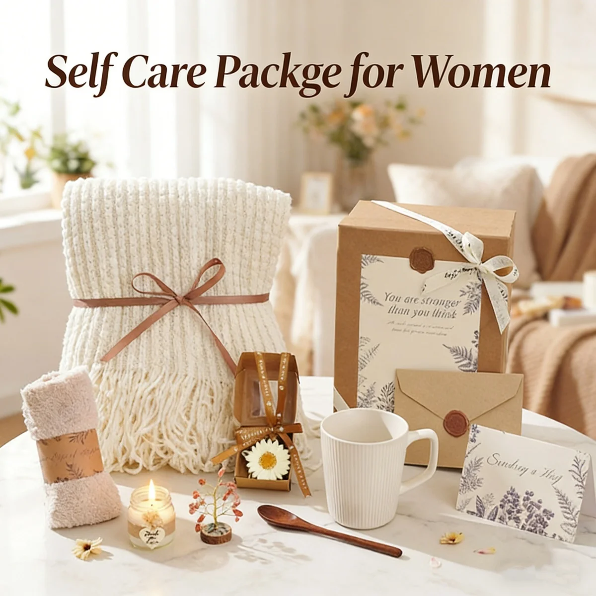 Gifts Baskets for Women, Thinking of You Gift Comfort Gifts- Knit Blanket, Pair of Fuzzy Sock, A Mug + Spoon, Candle SET
