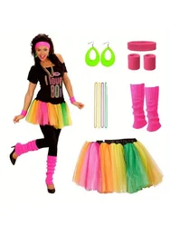 A full set of ladies' 80s costume sets' 80s party girl T-shirts rainbow dresses girls fancy dress holiday costumes line up