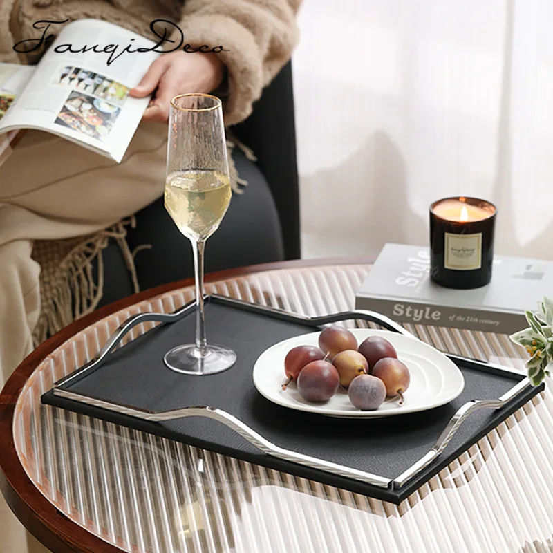light luxury leather metal tray ornament hotel model room living room coffee table dining table storage plate soft decoration