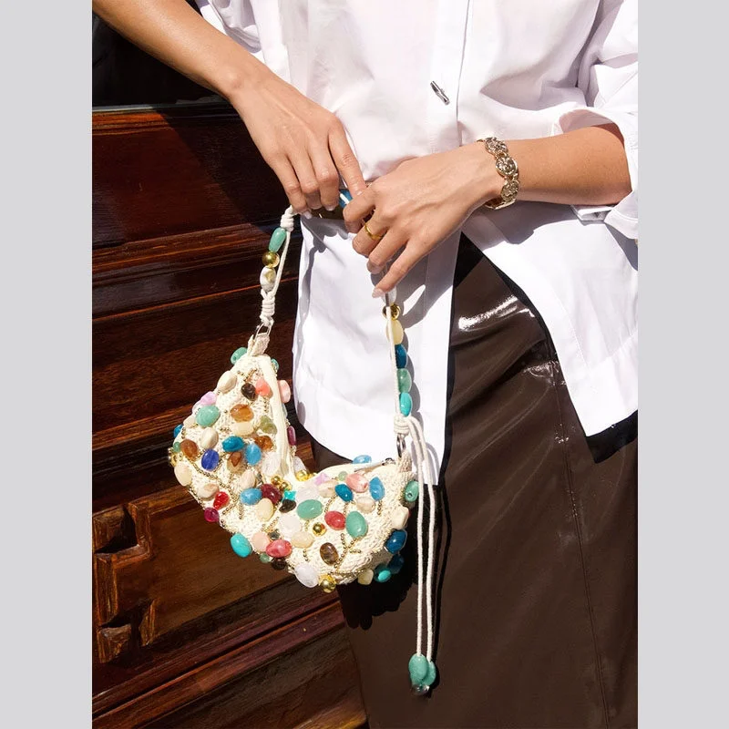 

French High End Banquet Women Handbag Soft Creative Colorful Stone Exquisite Beaded Woven Soft Date Party Fashion Lady Bag