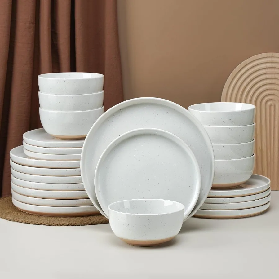 

24 Pieces Farmhouse Stoneware Dinnerware Sets Speckled Ceramic Plates and Bowls Set Matte Terracotta Underside Ceramic Dishes S