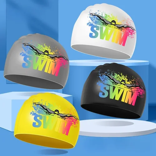 Gorros de natación de silicona para hombres y mujeres, gorros de natación con protección para los oídos de pelo largo de talla grande, gorros de natación estampados para adultos, accesorios para piscina
