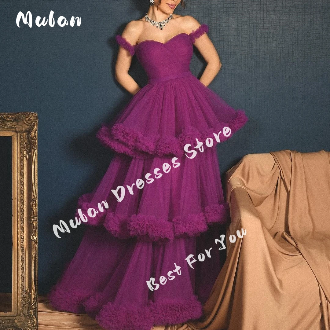 

Customized Tulle Tiered A-line Off Shoulder Evening Dresses 2025 Floor-length Sweet Formal Occasion Prom Dress Party Gown