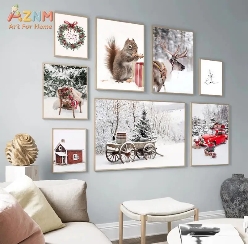 AZNM Christmas Winter Scenery Canvas Wall Art Squirrel Reindeer Vintage Red Car Snow Cabin Wreath Love Quote Nordic Holiday Home