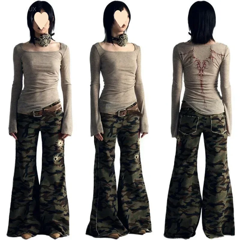 90s Vintage E-girl Emo Clothes Fires Graphic Print Y2K Grunge T-shirt Women Harajuku Retro Long Sleeve Tee Goth Punk Streetwear