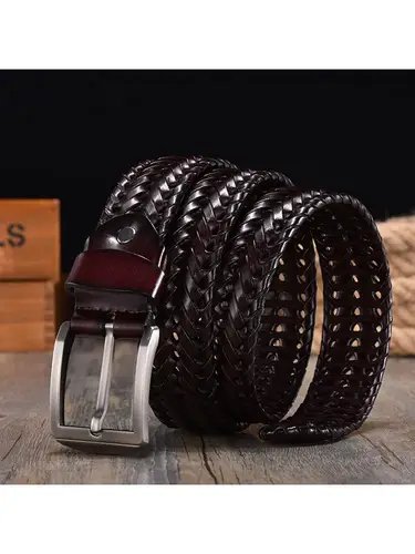 Imagen 2 del producto Cinturón tejido a mano para hombre, cinturón Retro de cuero puro de 4cm de ancho, hebilla de aguja informal, accesorios marrones para ropa, 2022