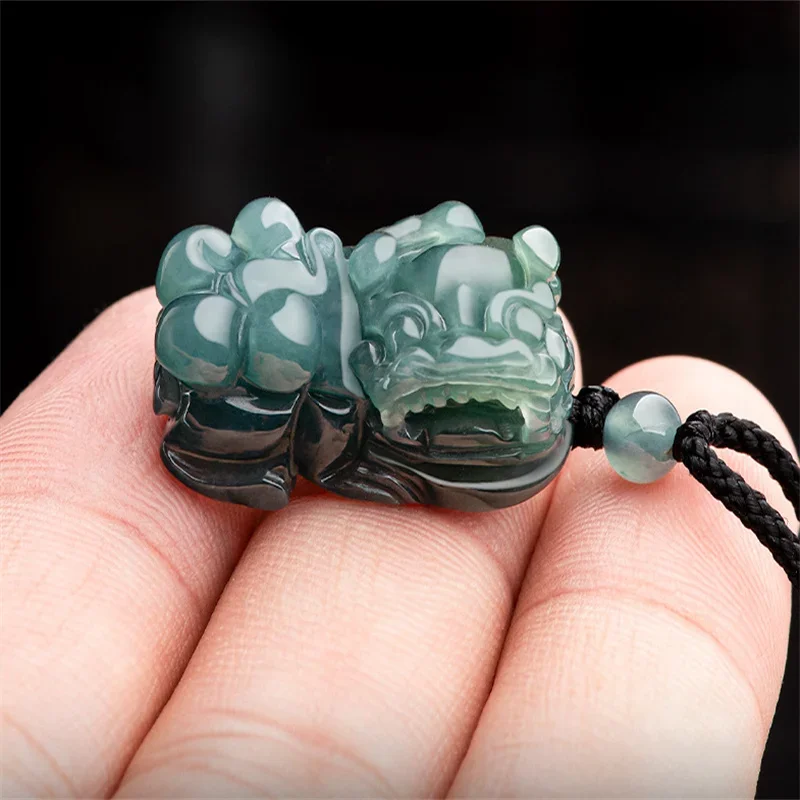 

Jiale/Hand Carved/Natural Jade Blue Water Lucky Pixiu Emerald Necklace Pendant Fine Jewelry Accessories Men Women Gifts Amulet