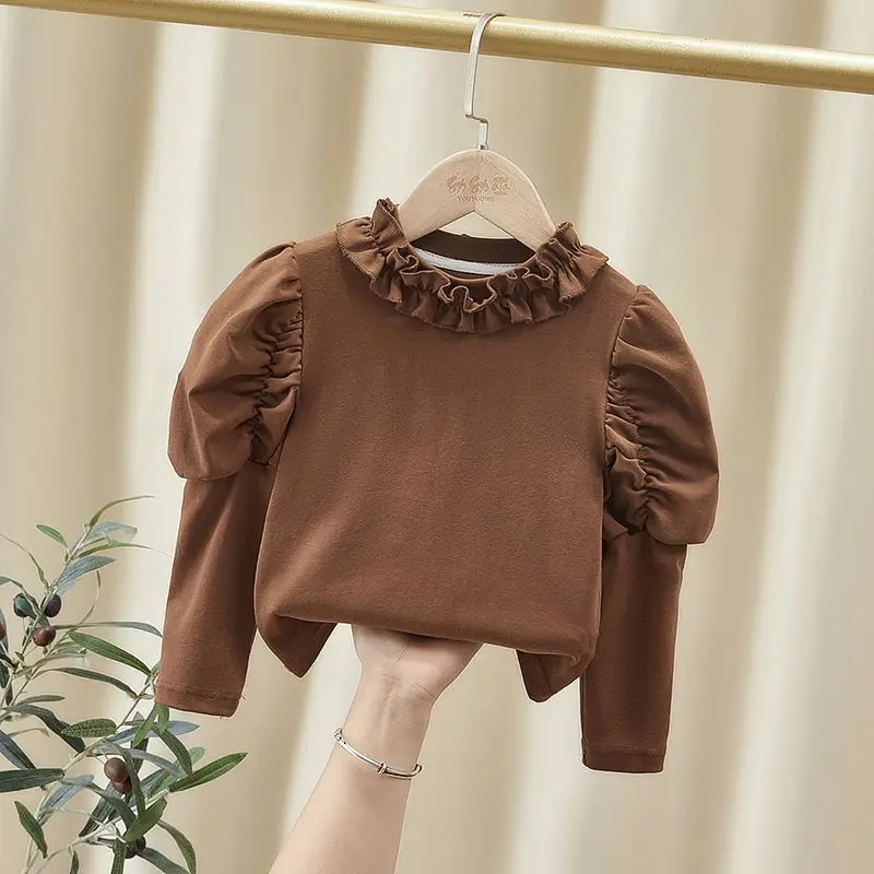 Kids Girls Cute Ruffle Tops Turtleneck Tops 2024 New Arrival Children Casual T-shirts Beige Coffee Thin Undershirts Korean Style