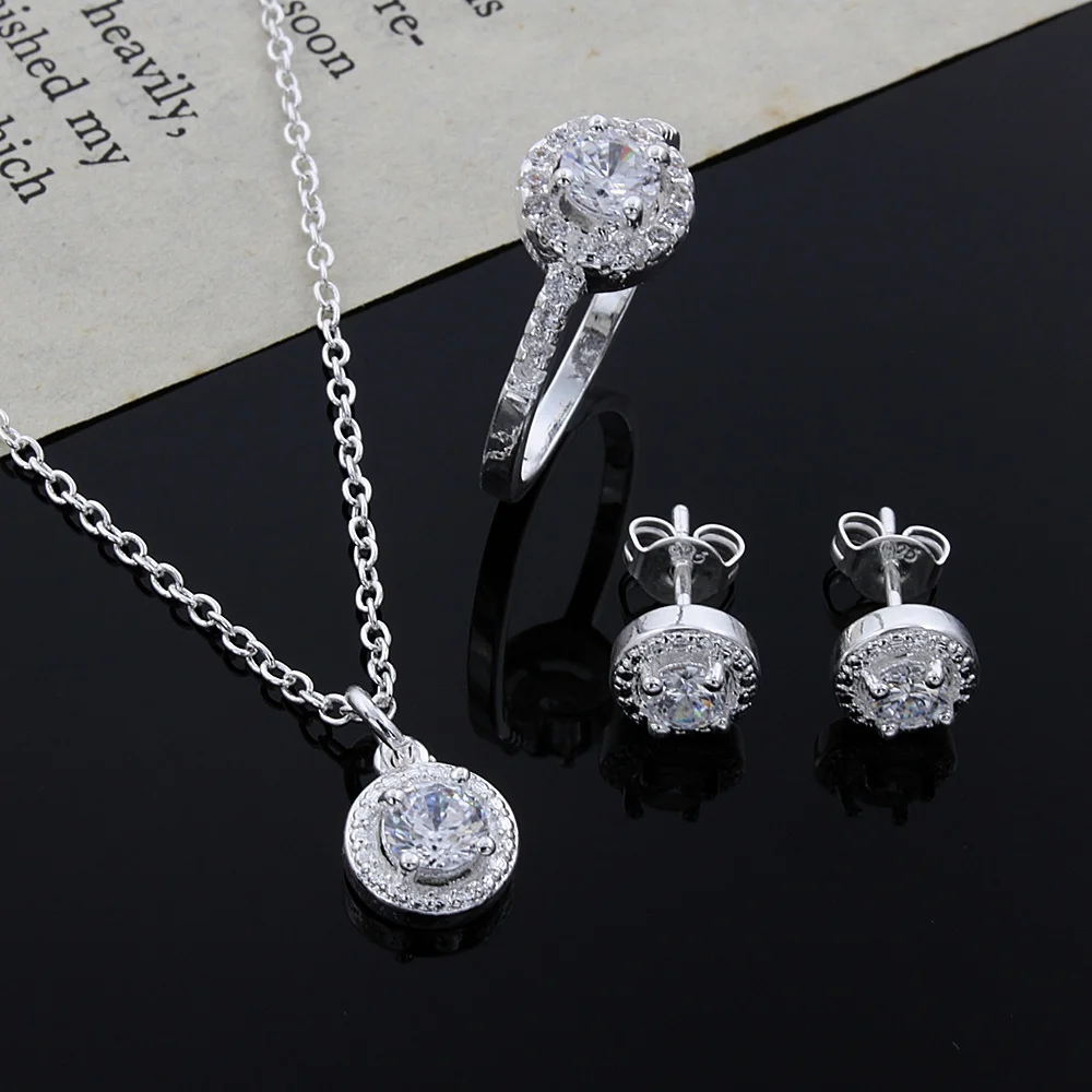 

Hot charm 925 Sterling Silver Shiny crystal pendant necklace earring ring for woman noble Jewelry set Fashion Party wedding Gift