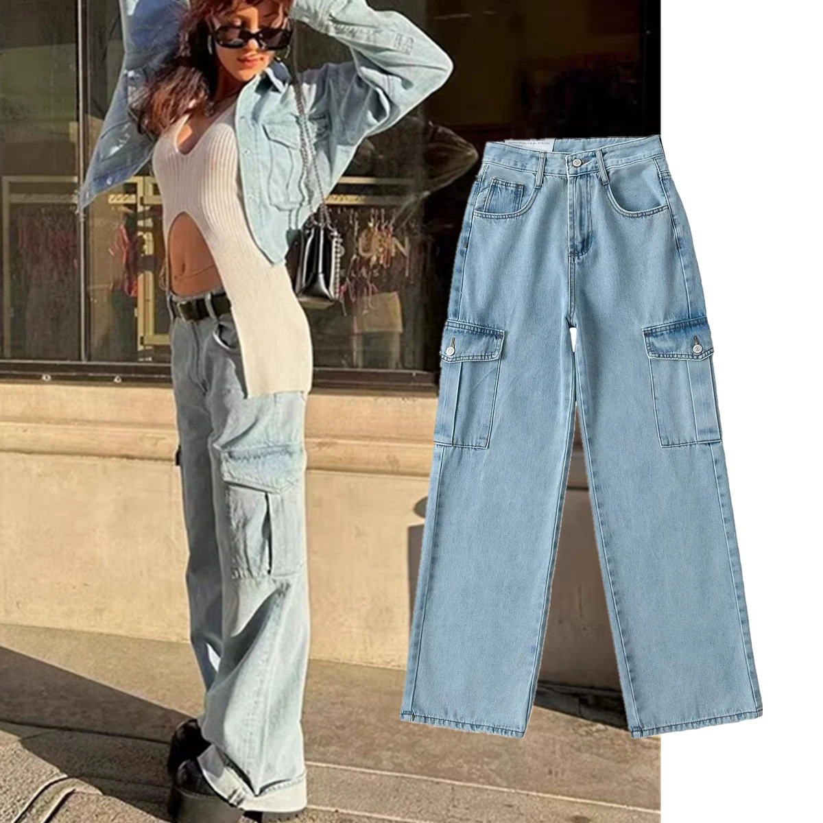 Withered Retro Washed Workwear Boyfriend Mom High Wasit Straight Casual Jeans Women Pockets Cargo Denim Pants Jeans