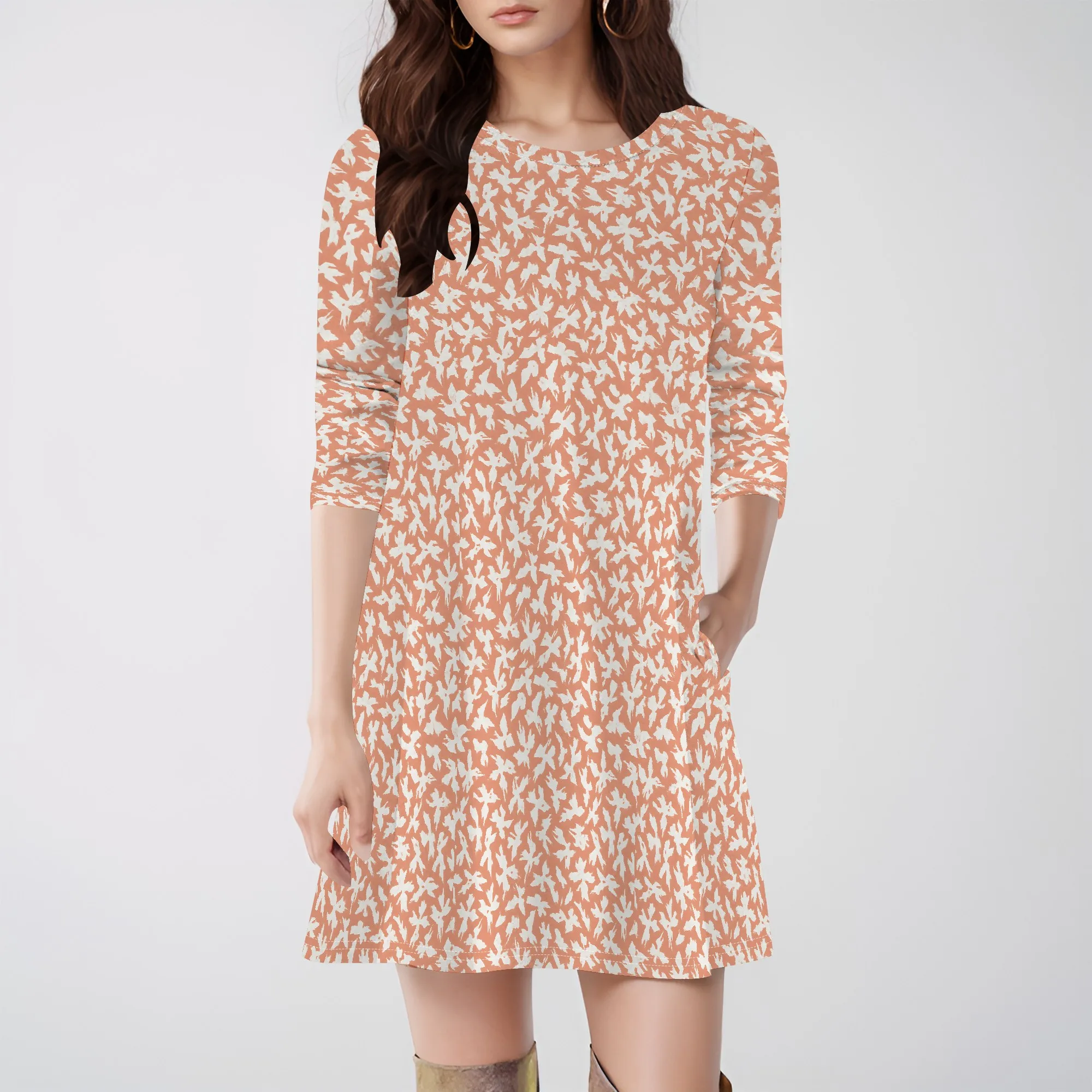 ชุดสตรีฤดูใบไม้ผลิฤดูร้อน 2025 แขนยาวลายดอกไม้ Boho Flowy Babydoll Shift Mini Dress
