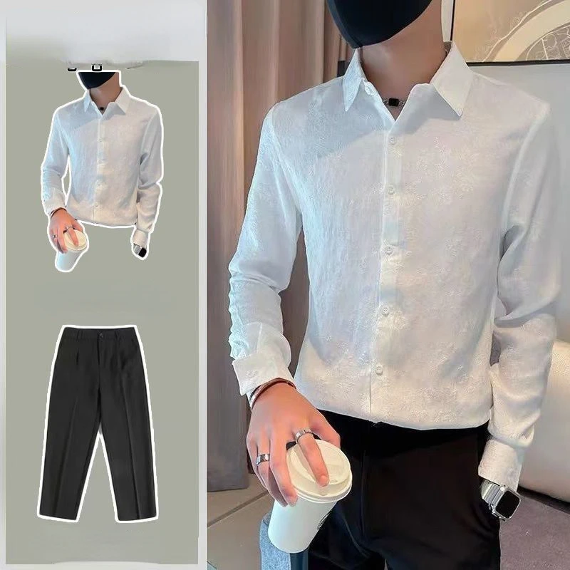 

Men's 2 Pieces Set Linen Set Summer Outfits Ice Silk Linen Two Piece Suit Summer Thin Long Sleeve Shirt Plus Size Trousers D96