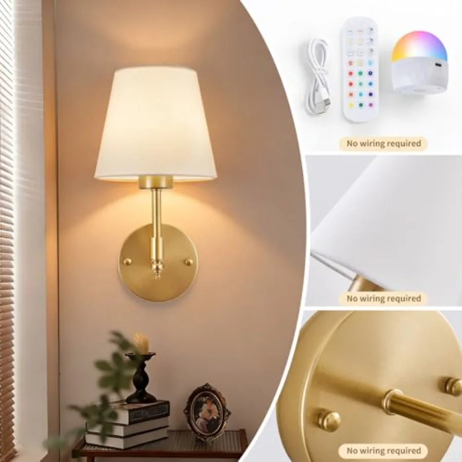 Battery Operated Wall Sconce Set of 2 Rechargeable Wireless Wall Lights with fabric Lampshade 5200mAh Dimmable Bulbs with Remot