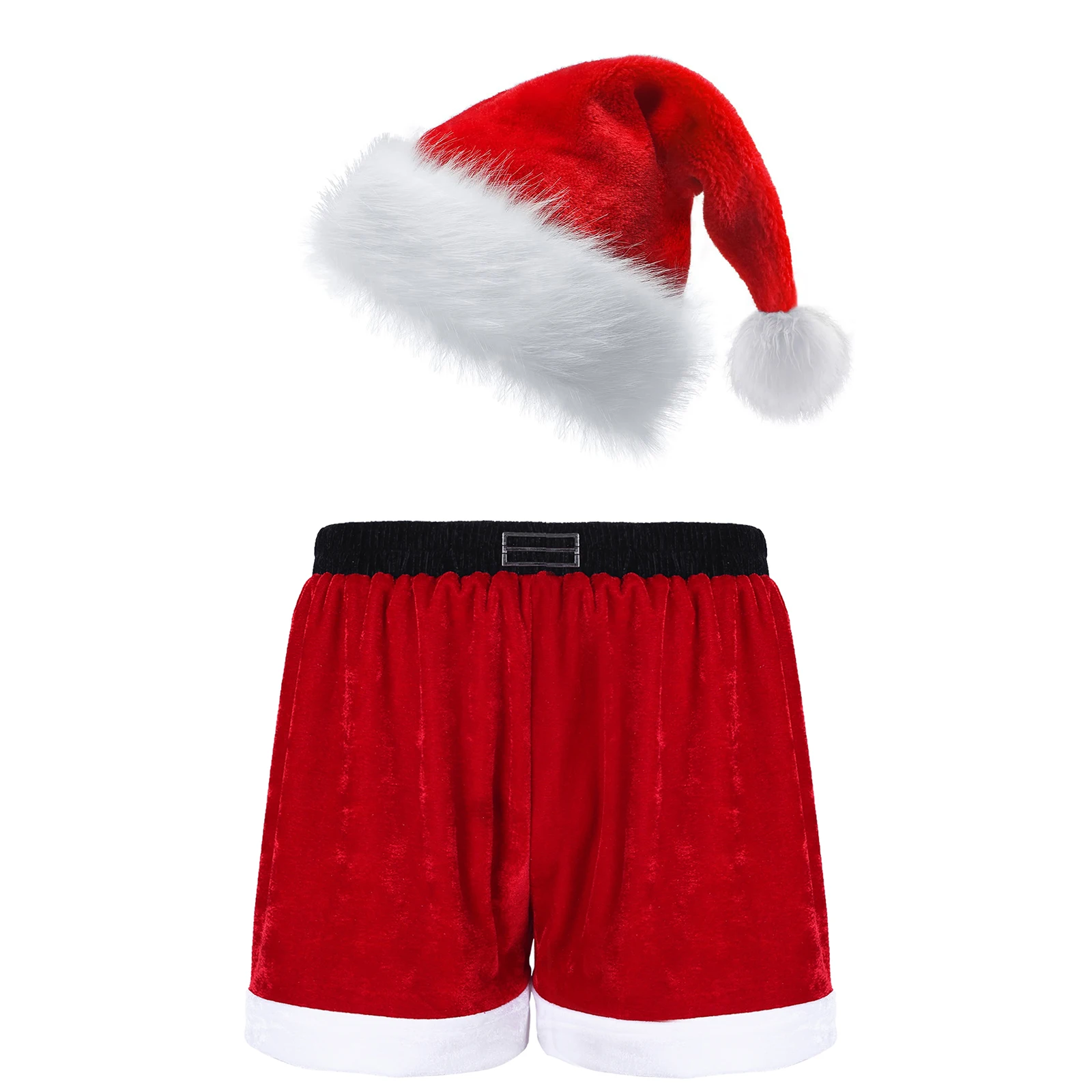 Red Flannel Santa Claus Costume 2pcs Xmas Party Gift Adult Mens Fancy Masquerade Christmas Cosplay Costume Hat+Boxer Shorts Suit