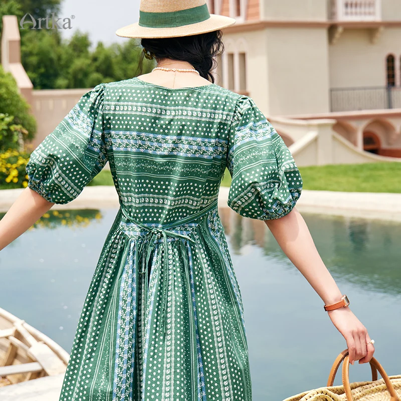 ARTKA 2023 Summer New Women Dress Bohemian Vintage Print Green Square Collar Dress Short Puff Sleeve A-line Long Dress LA92530X