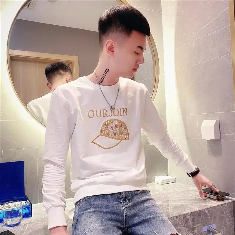 Sweatshirt For Men Black Top T-shirt Pullover Male Clothes Letter Hoodieless Print Korean Style Low Price Warm Autumn New In S