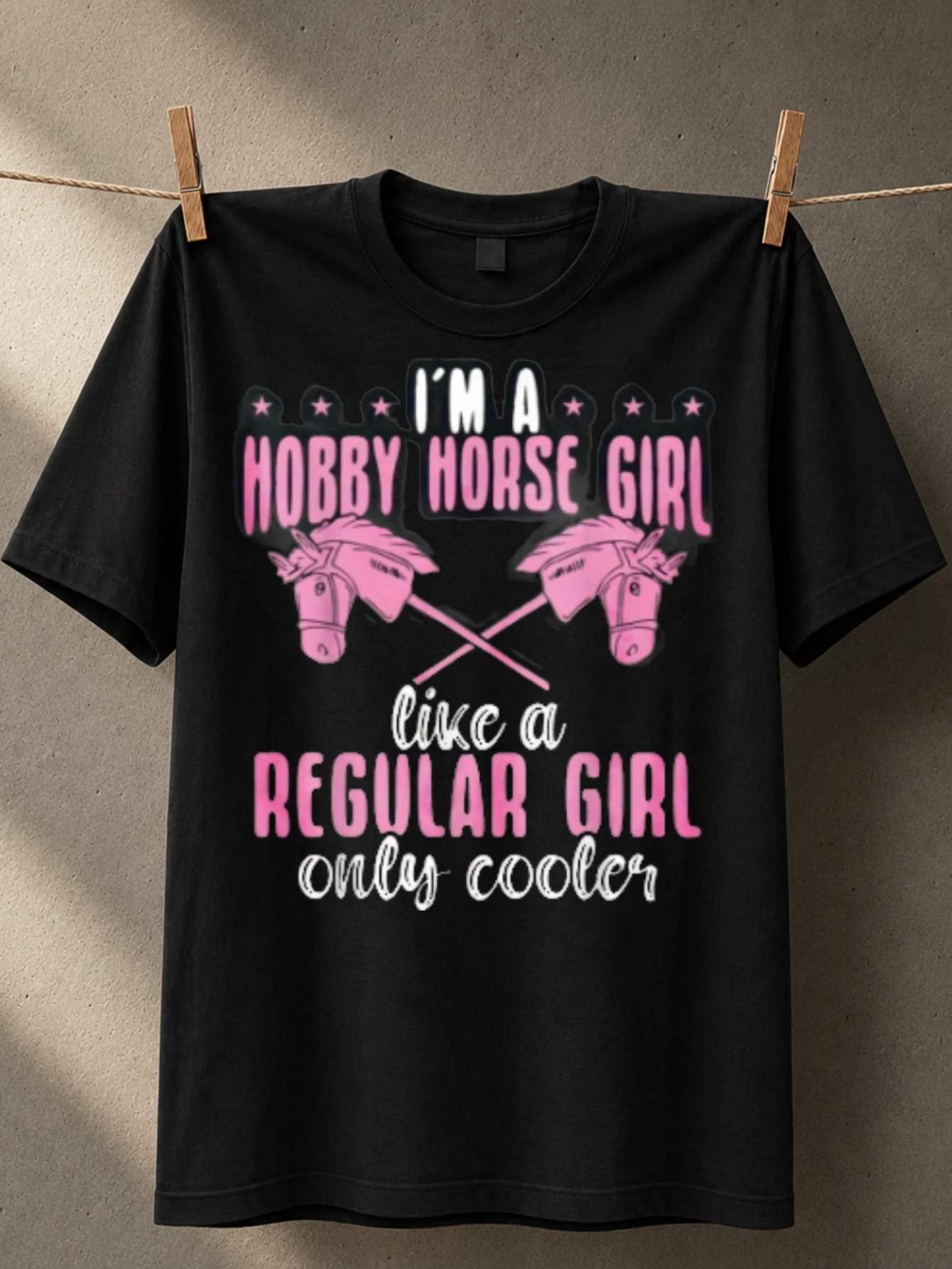 Hobby Horse Girl pink hobby horse quote graphic with crossed stick heads stars and playful western  Unisex All T-Shirt